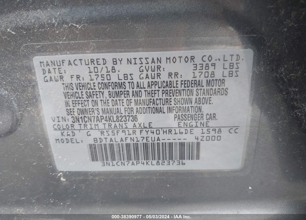 2019 NISSAN VERSA 1.6 S+ VIN: 3N1CN7AP4KL823736