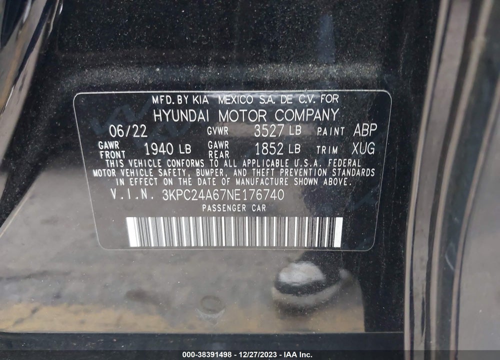2022 HYUNDAI ACCENT SE VIN: 3KPC24A67NE176740