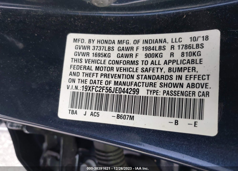 2018 HONDA CIVIC SEDAN VIN: 19XFC2F56JE044299