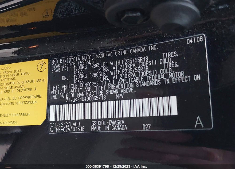 2009 LEXUS RX 350 VIN: 2T2GK31U49C065718