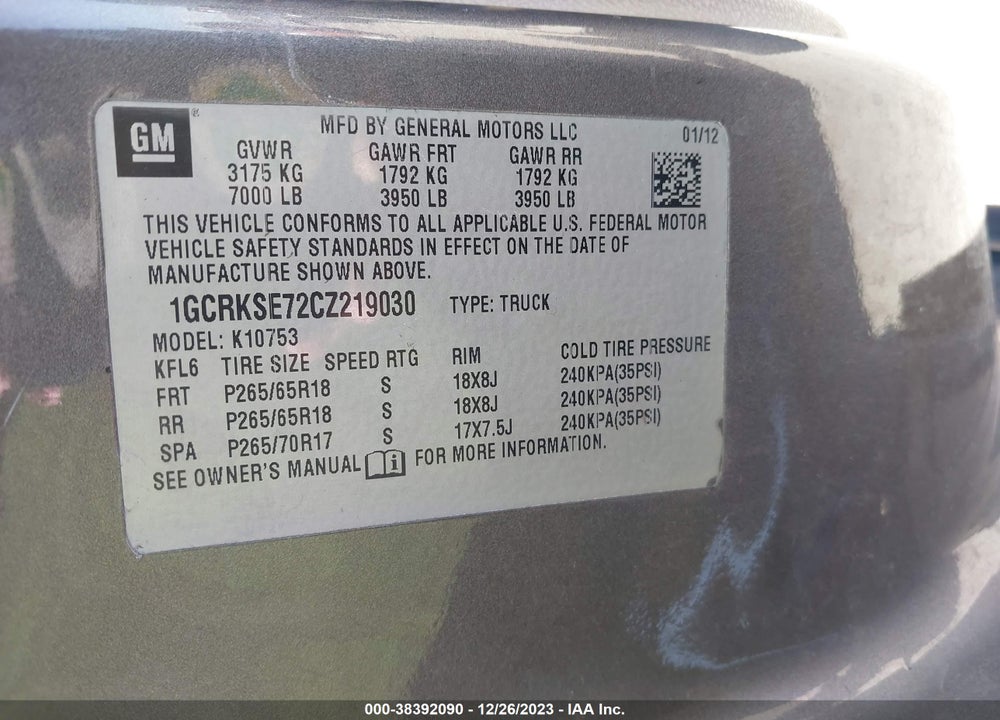 2012 CHEVROLET SILVERADO 1500 LT VIN: 1GCRKSE72CZ219030