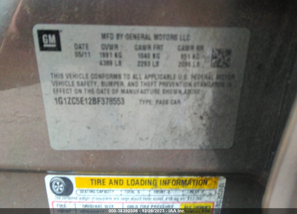 2011 CHEVROLET MALIBU 1LT VIN: 1G1ZC5E12BF378553