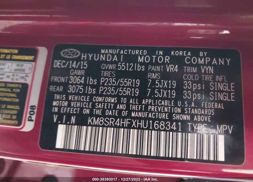 2017 HYUNDAI SANTA FE SE ULTIMATE VIN: KM8SR4HFXHU168341