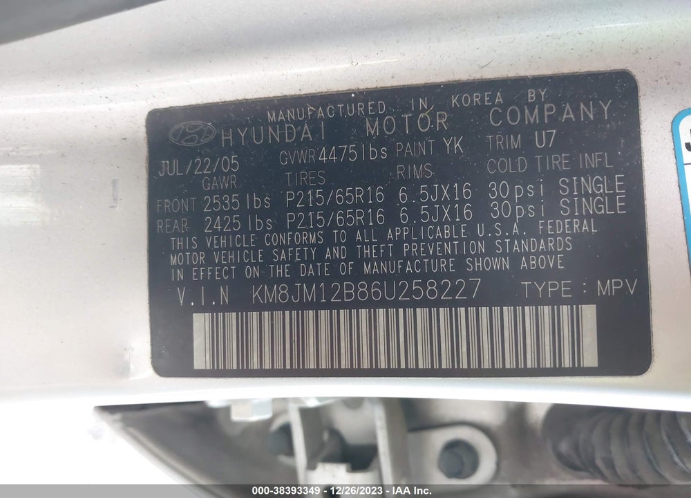 2006 HYUNDAI TUCSON GL VIN: KM8JM12B86U258227