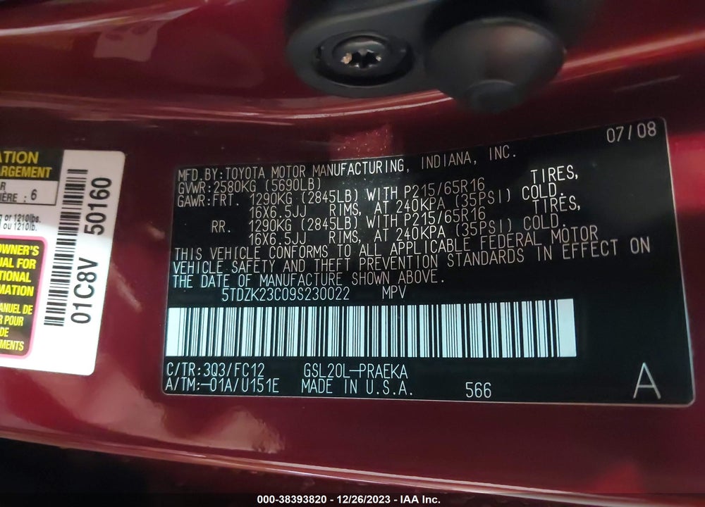 2009 TOYOTA SIENNA VIN: 5TDZK23C09S230022