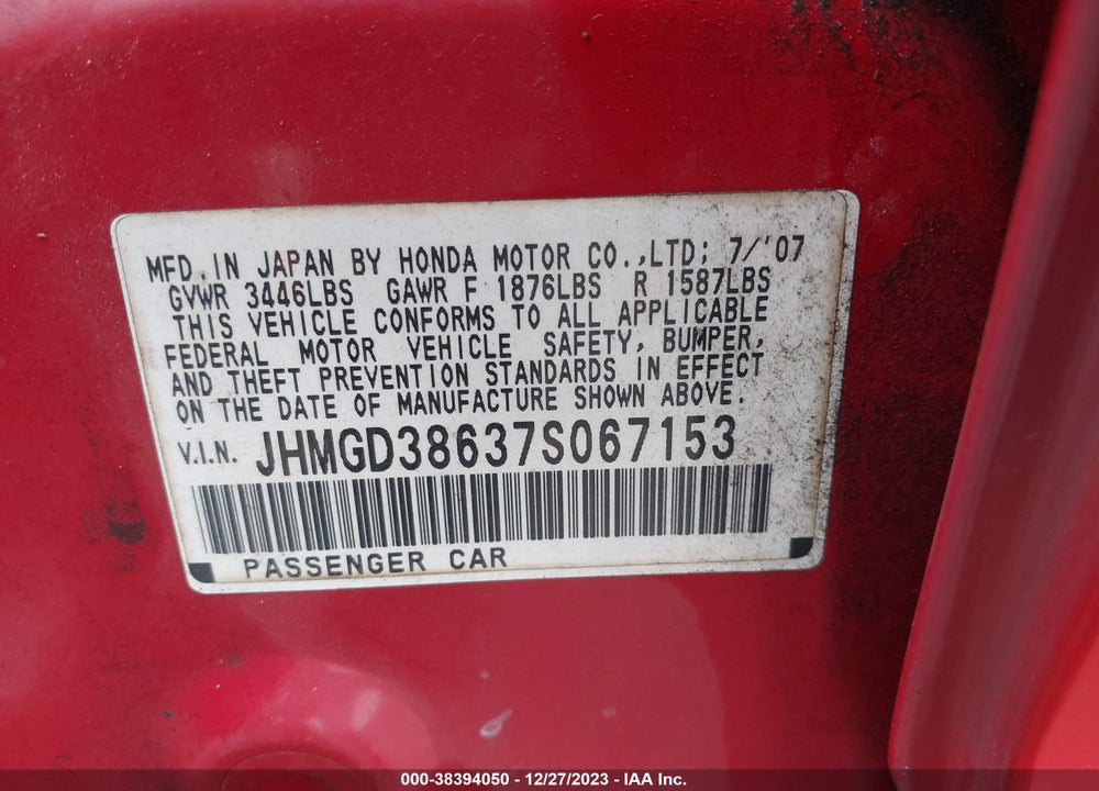 2007 HONDA FIT SPORT VIN: JHMGD38637S067153