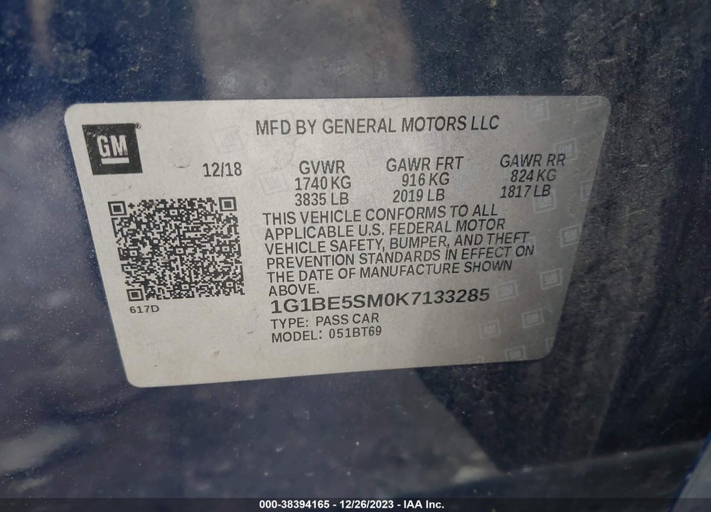 2019 CHEVROLET CRUZE LT VIN: 1G1BE5SM0K7133285