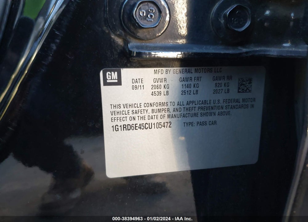 2012 CHEVROLET VOLT VIN: 1G1RD6E45CU105472