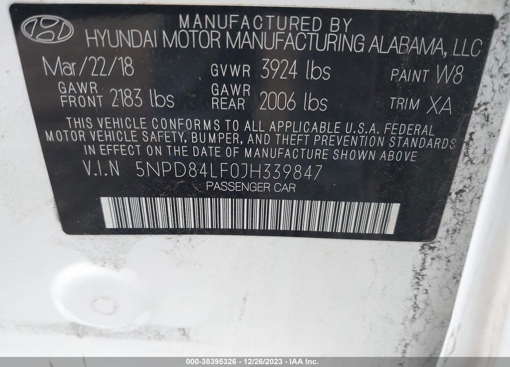 2018 HYUNDAI ELANTRA SEL VIN: 5NPD84LF0JH339847