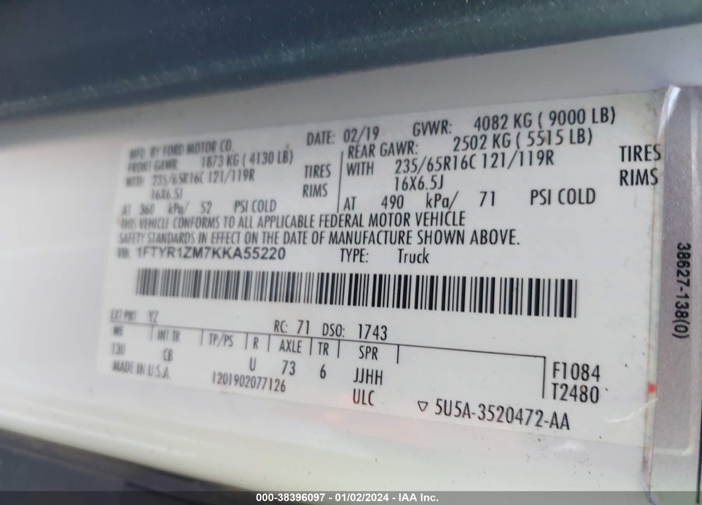 2019 FORD TRANSIT-250 VIN: 1FTYR1ZM7KKA55220