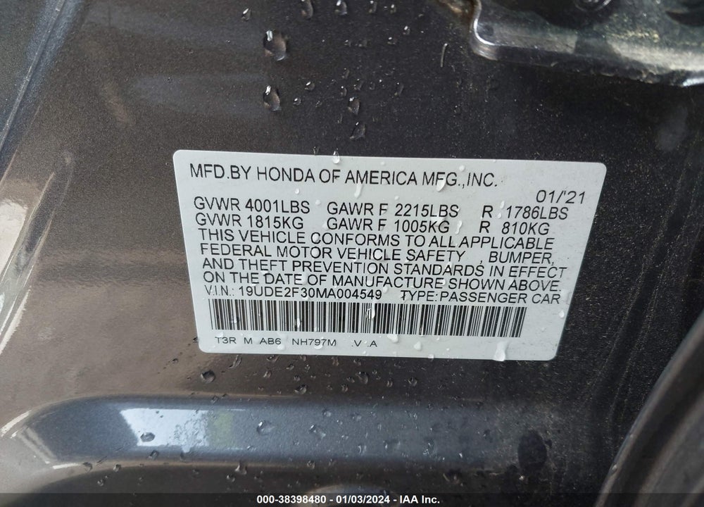 2021 ACURA ILX BASE (DCT) VIN: 19UDE2F30MA004549