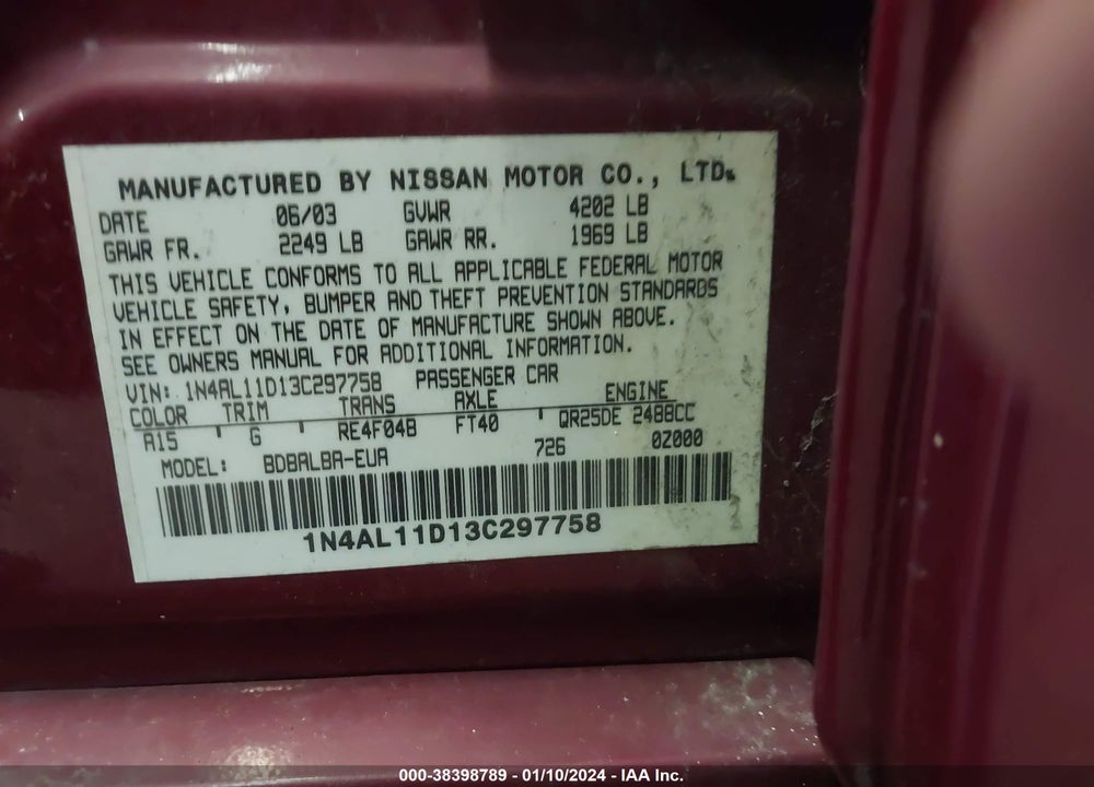 2003 NISSAN ALTIMA S VIN: 1N4AL11D13C297758
