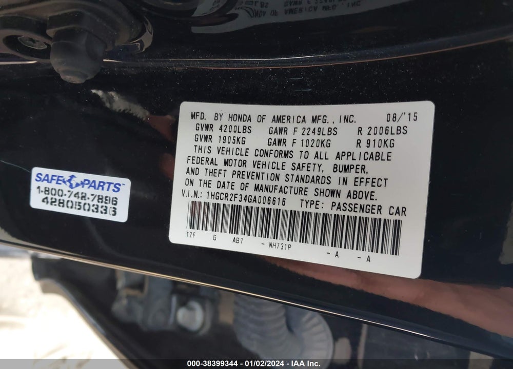 2016 HONDA ACCORD LX VIN: 1HGCR2F34GA006616
