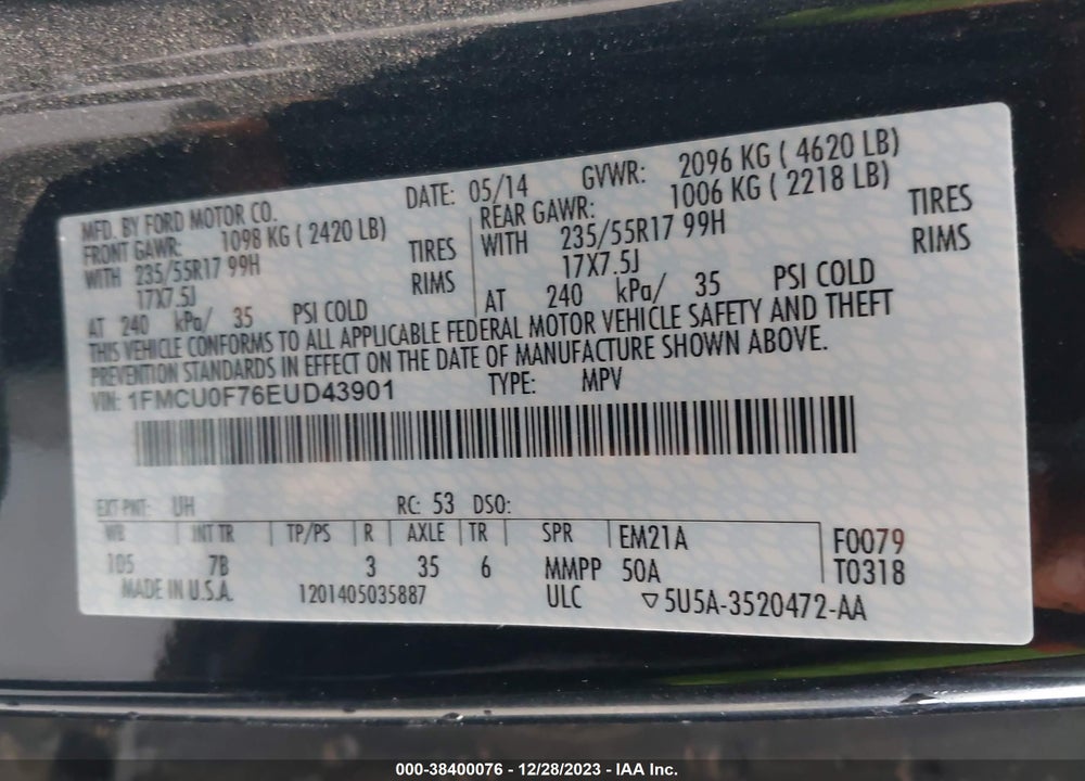 2014 FORD ESCAPE S VIN: 1FMCU0F76EUD43901