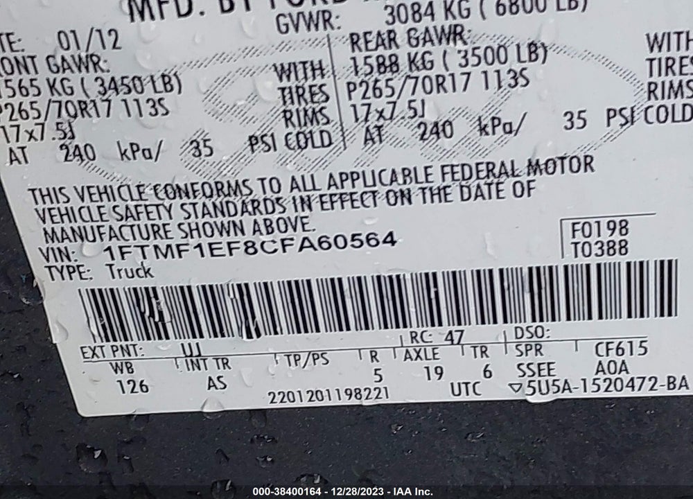 2012 FORD F-150 VIN: 1FTMF1EF8CFA60564