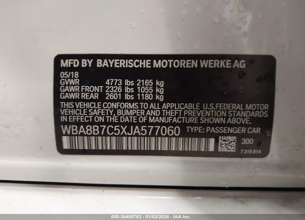 2018 BMW 340I XDRIVE VIN: WBA8B7C5XJA577060