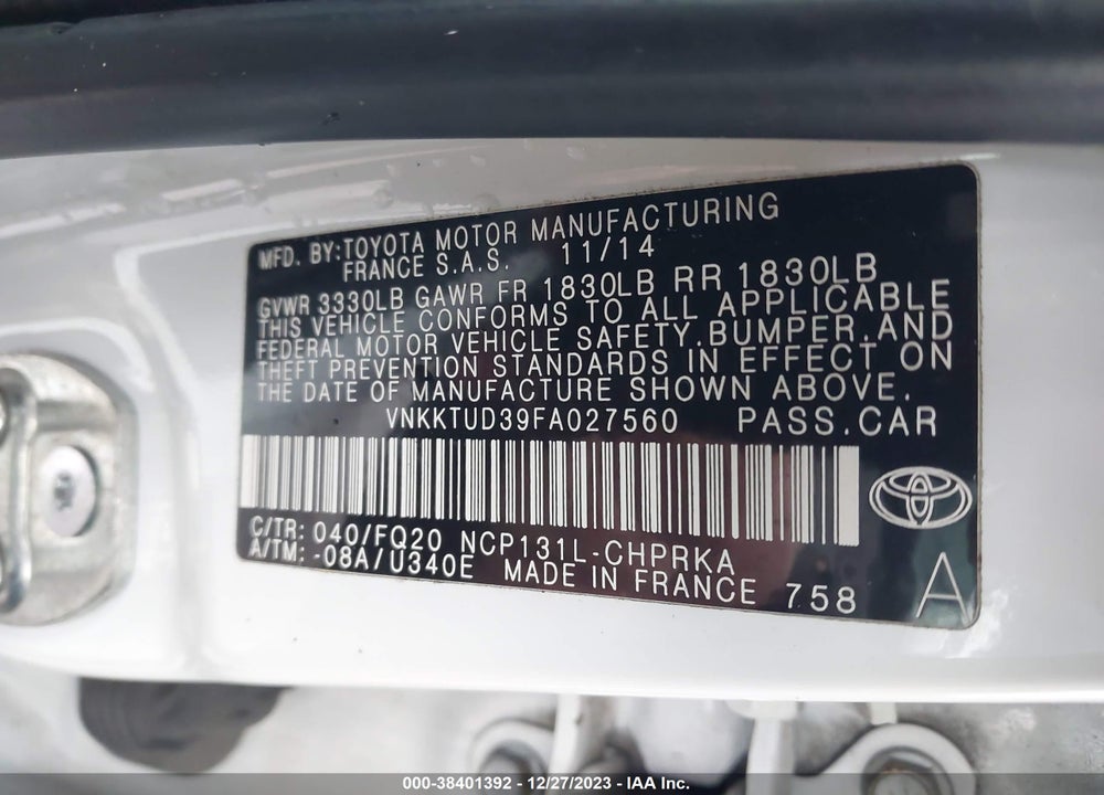 2015 TOYOTA YARIS L VIN: VNKKTUD39FA027560