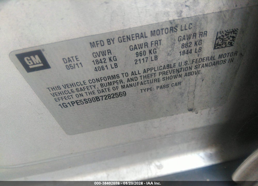 2011 CHEVROLET CRUZE VIN: 1G1PE5S90B7282569
