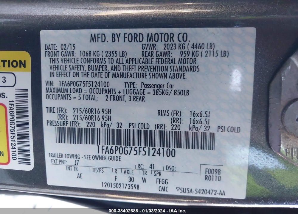 2015 FORD FUSION S VIN: 1FA6P0G75F5124100
