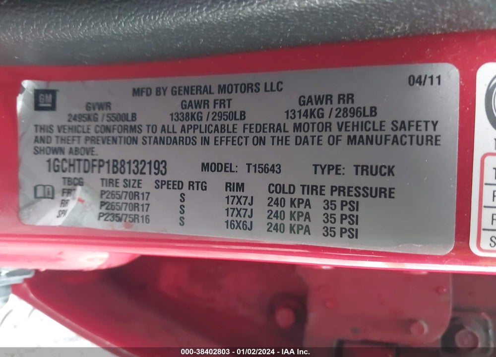 2011 CHEVROLET COLORADO 2LT VIN: 1GCHTDFP1B8132193