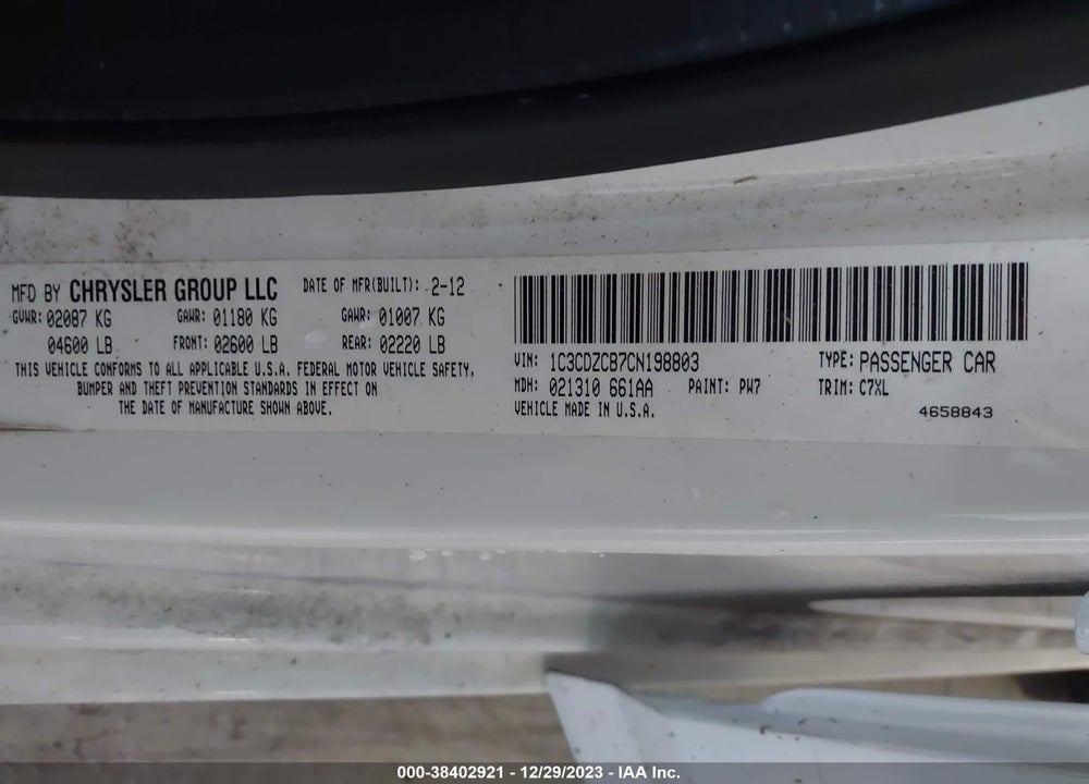 2012 DODGE AVENGER VIN: 1C3CDZCB7CN198803