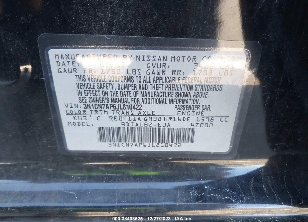 2018 NISSAN VERSA 1.6 SV VIN: 3N1CN7AP6JL810422