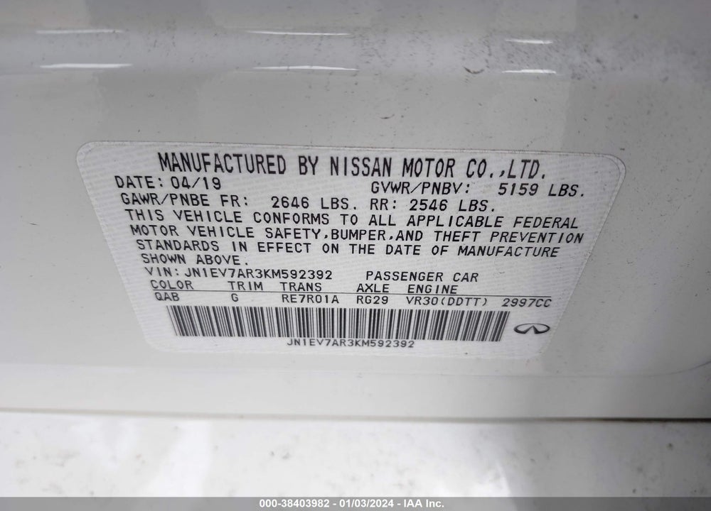 2019 INFINITI Q50 3.0T LUXE VIN: JN1EV7AR3KM592392