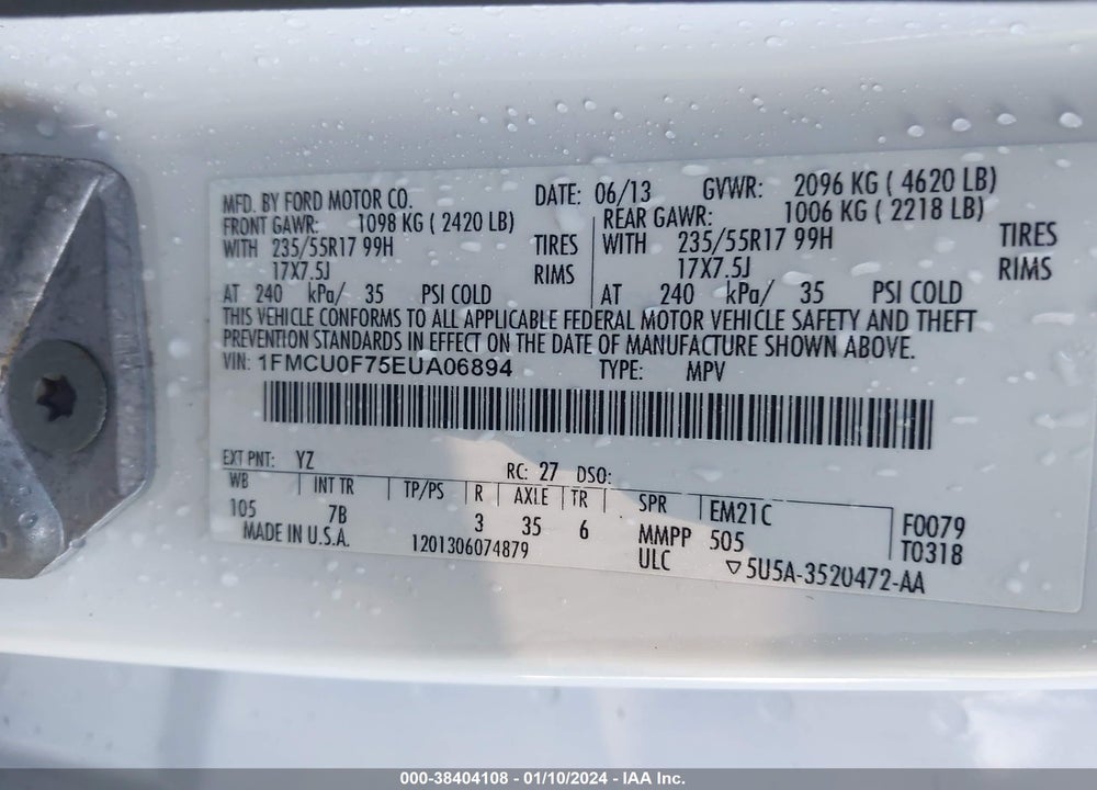 2014 FORD ESCAPE S VIN: 1FMCU0F75EUA06894