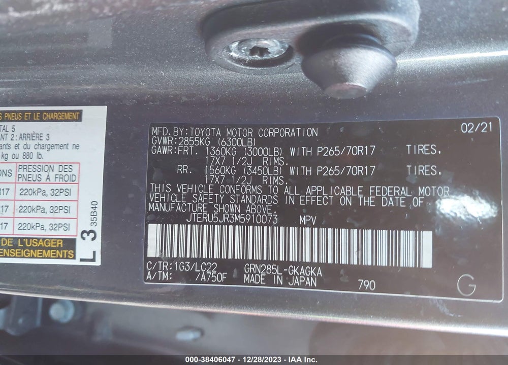 2021 TOYOTA 4RUNNER TRD OFF ROAD PREMIUM VIN: JTERU5JR3M5910073