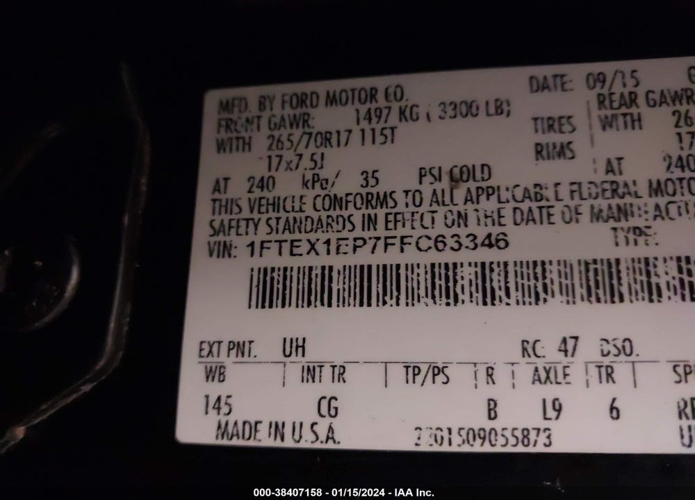 2015 FORD F-150 XL VIN: 1FTEX1EP7FFC63346