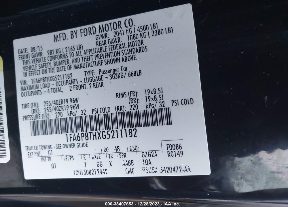 2016 FORD MUSTANG ECOBOOST VIN: 1FA6P8THXG5211182