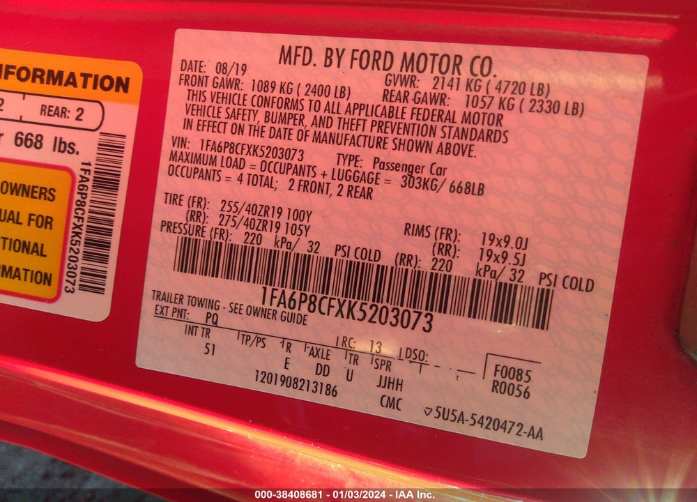 2019 FORD MUSTANG VIN: 1FA6P8CFXK5203073