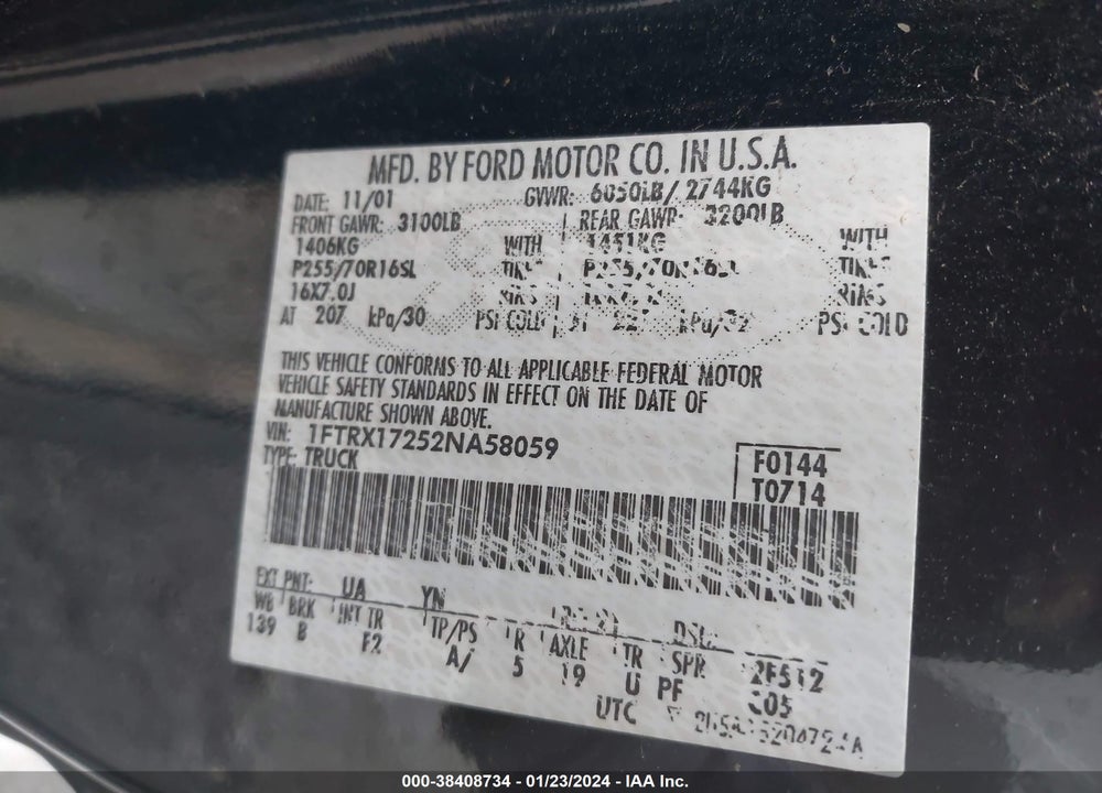 2002 FORD F-150 XL/XLT VIN: 1FTRX17252NA58059