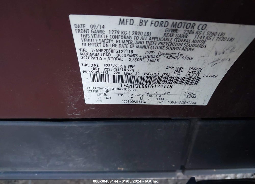 2015 FORD TAURUS SEL VIN: 1FAHP2E88FG122118