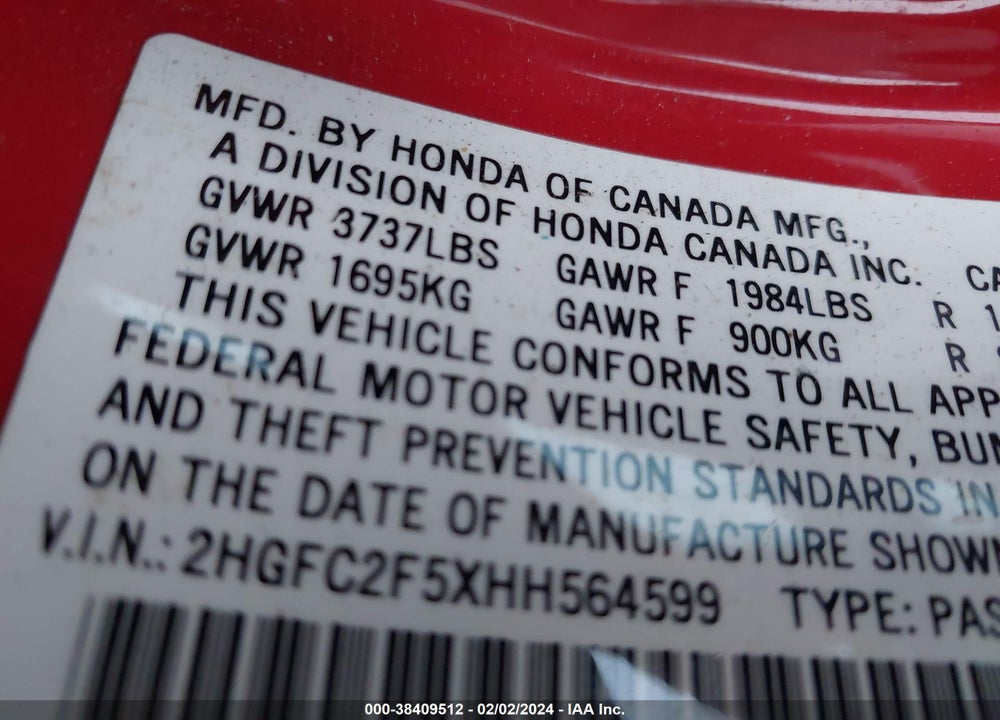2017 HONDA CIVIC LX VIN: 2HGFC2F5XHH564599