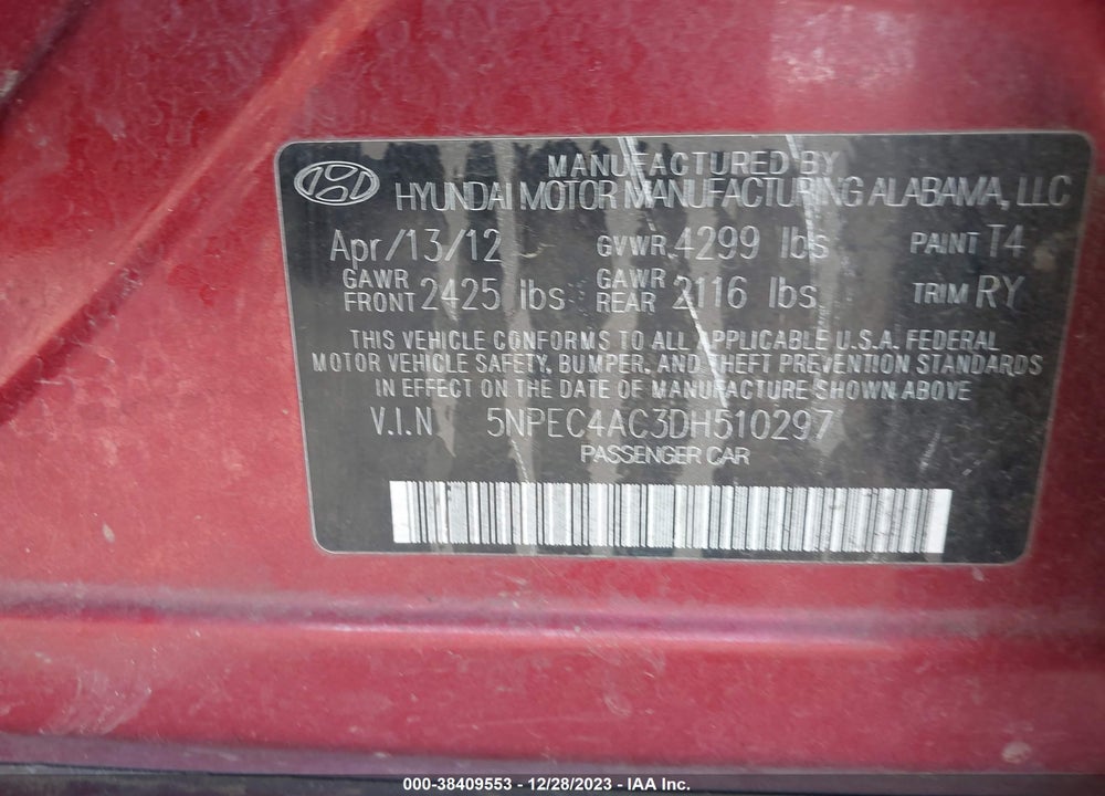 2013 HYUNDAI SONATA VIN: 5NPEC4AC3DH510297