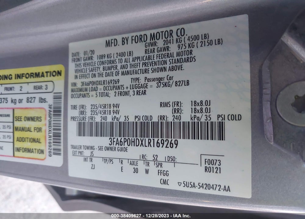 2020 FORD FUSION SE VIN: 3FA6P0HDXLR169269
