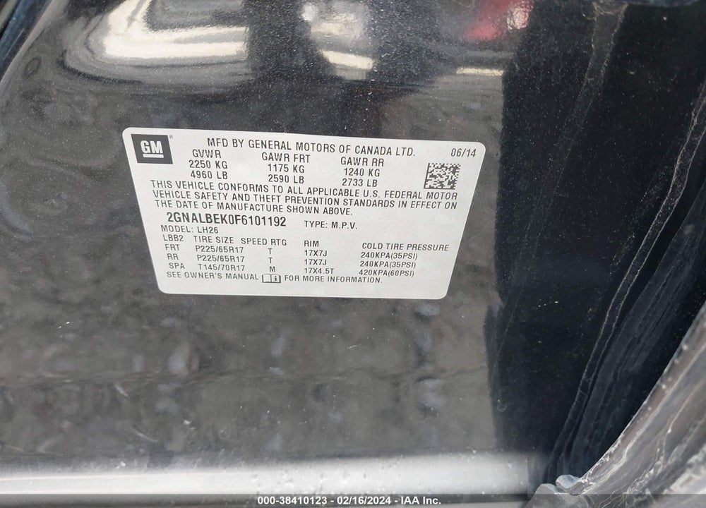 2015 CHEVROLET EQUINOX VIN: 2GNALBEK0F6101192