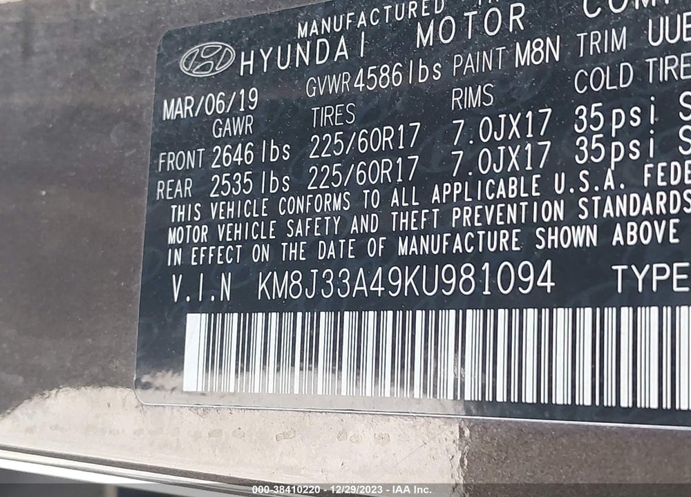 2019 HYUNDAI TUCSON VALUE VIN: KM8J33A49KU981094