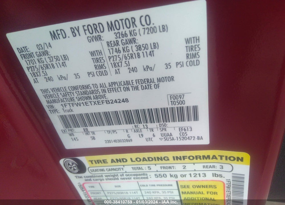 2014 FORD F-150 FX4 VIN: 1FTFW1ETXEFB24248