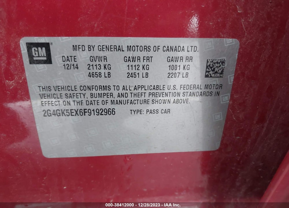 2015 BUICK REGAL TURBO VIN: 2G4GK5EX6F9192966