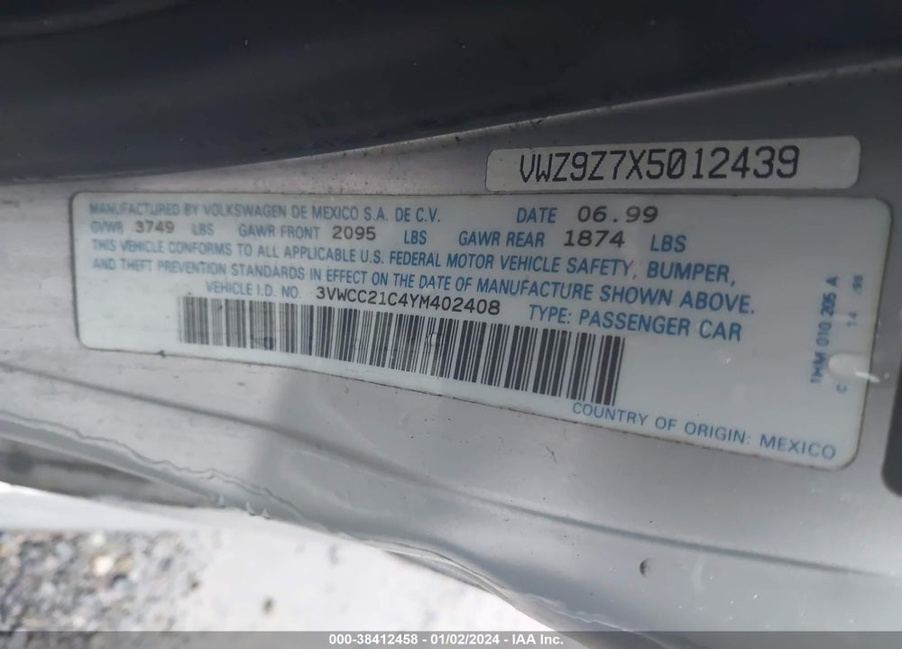 2000 VOLKSWAGEN NEW BEETLE GLS VIN: 3VWCC21C4YM402408