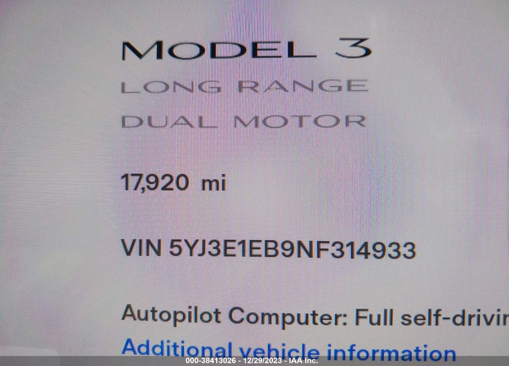 2022 TESLA MODEL 3 VIN: 5YJ3E1EB9NF314933