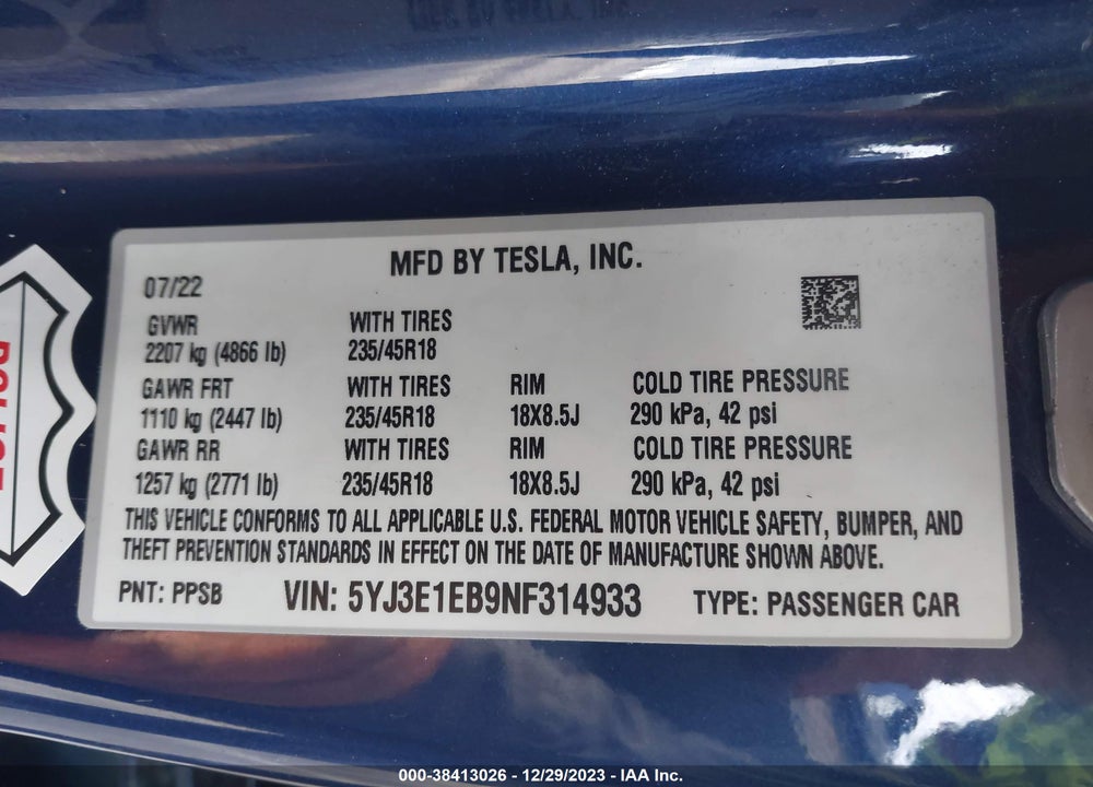 2022 TESLA MODEL 3 VIN: 5YJ3E1EB9NF314933