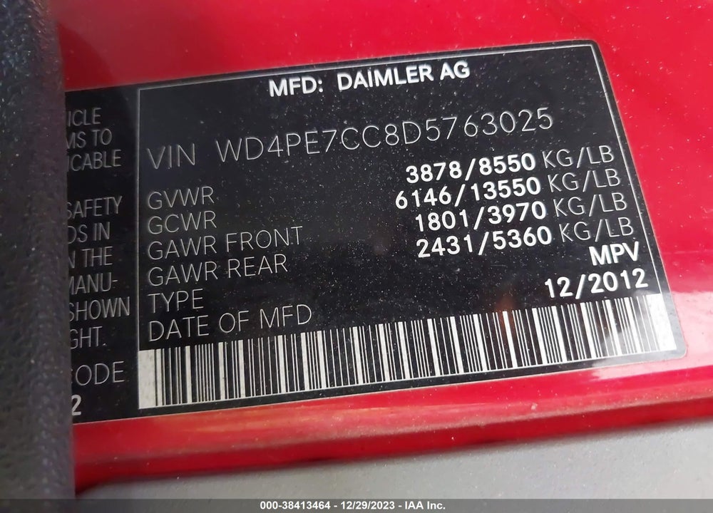 2013 MERCEDES-BENZ SPRINTER 2500 NORMAL ROOF VIN: WD4PE7CC8D5763025