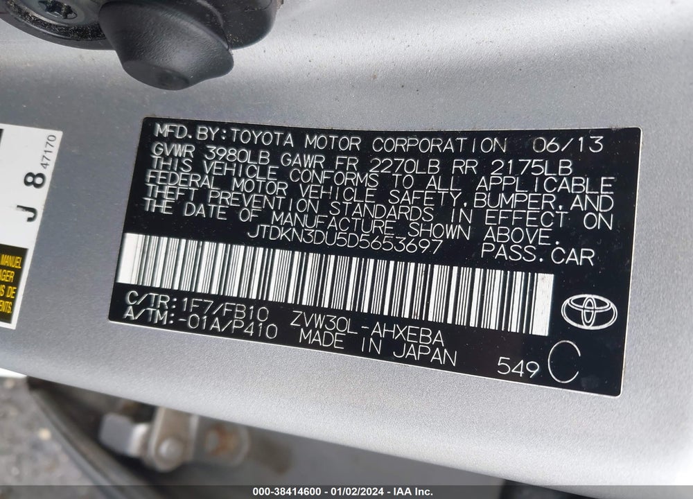 2013 TOYOTA PRIUS THREE VIN: JTDKN3DU5D5653697