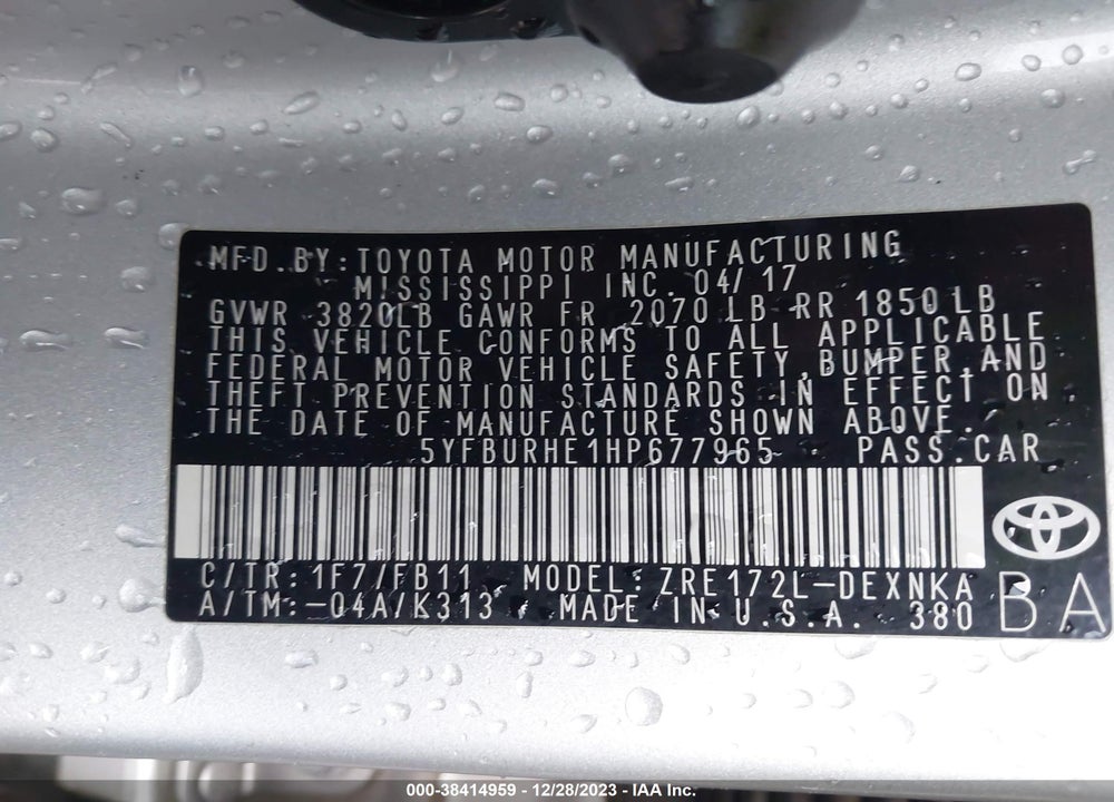 2017 TOYOTA COROLLA LE VIN: 5YFBURHE1HP677965