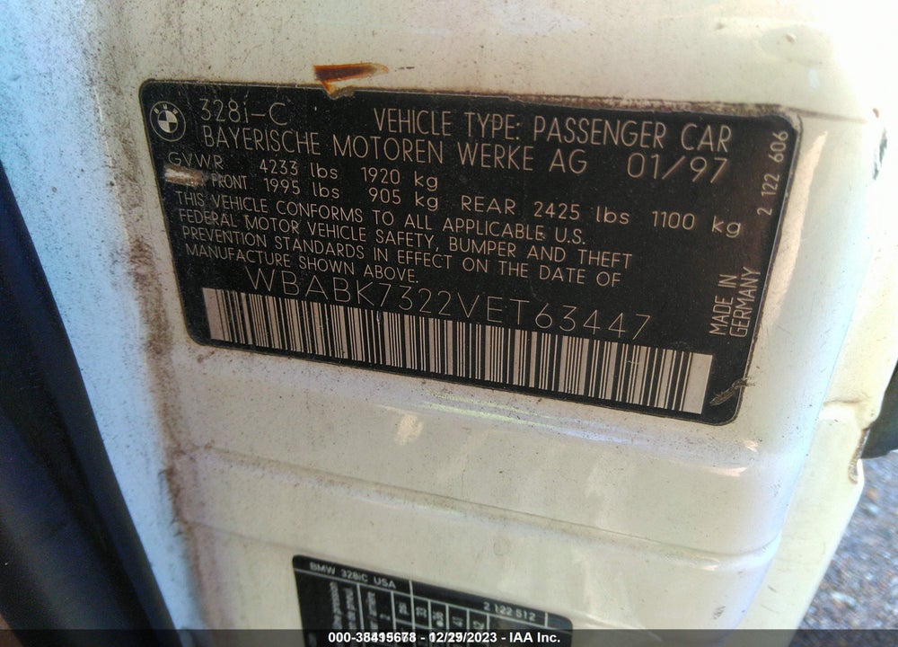 1997 BMW 3 SERIES 328IC VIN: WBABK7322VET63447
