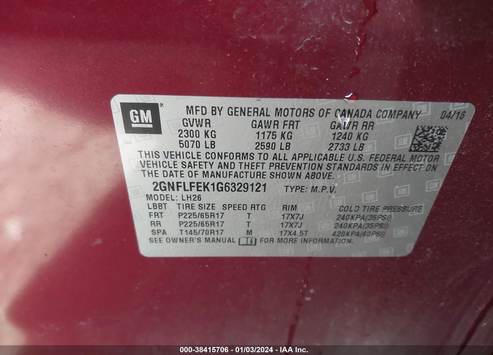 2016 CHEVROLET EQUINOX VIN: 2GNFLFEK1G6329121