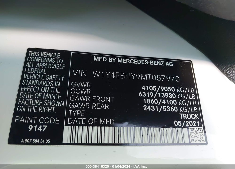2021 MERCEDES-BENZ SPRINTER 2500 STANDARD ROOF V6 VIN: W1Y4EBHY9MT057970
